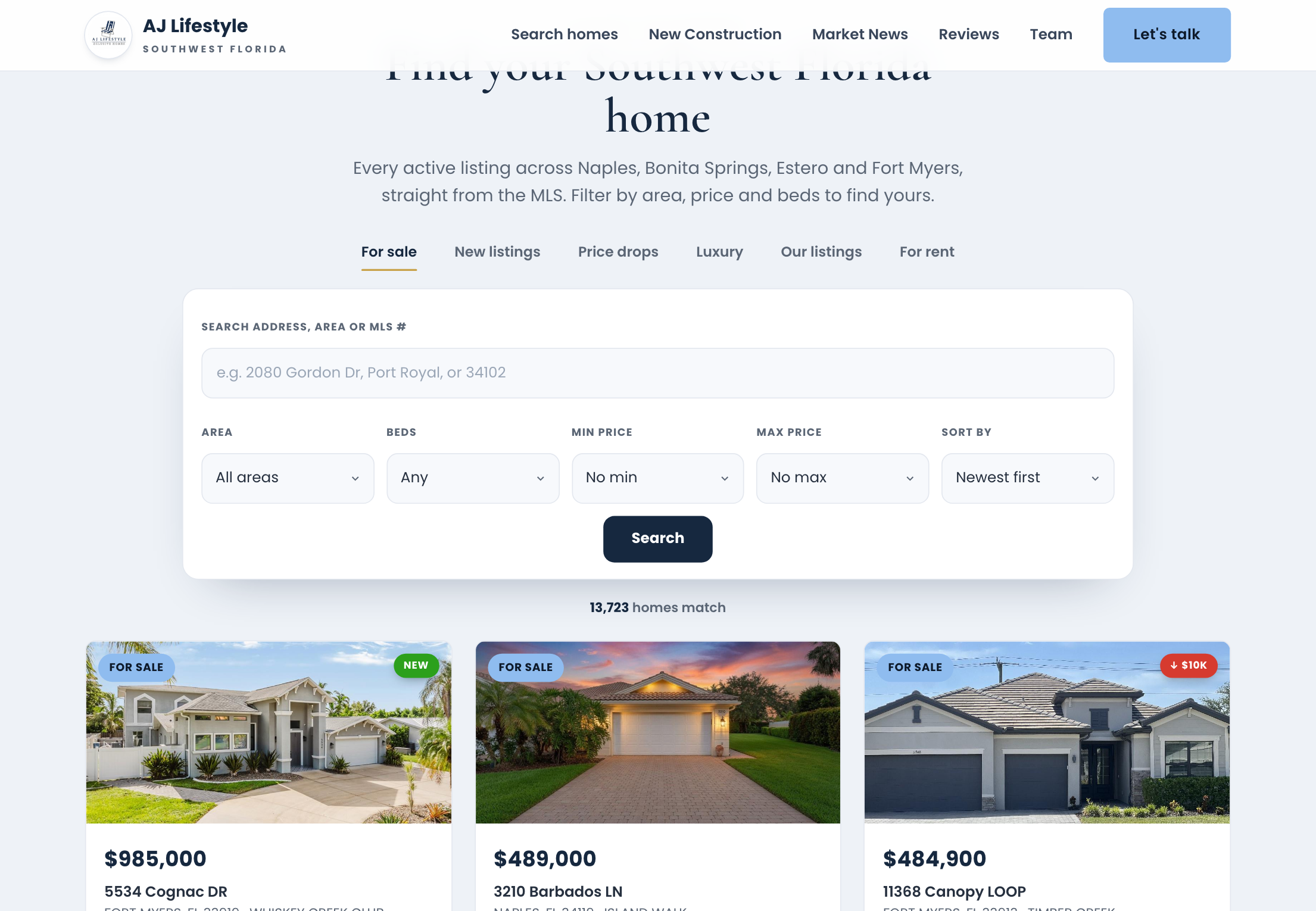 Live MLS listings search on a Southwest Florida agent website